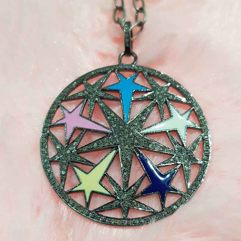 Colorful Enamel Stars In A Round Shape Pave Diamond Designer Beautiful Pendant