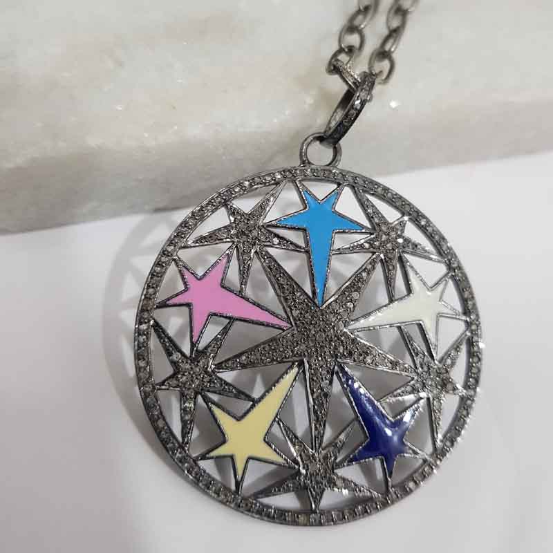 Colorful Enamel Stars In A Round Shape Pave Diamond Designer Beautiful Pendant