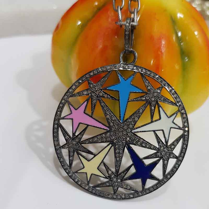 Colorful Enamel Stars In A Round Shape Pave Diamond Designer Beautiful Pendant