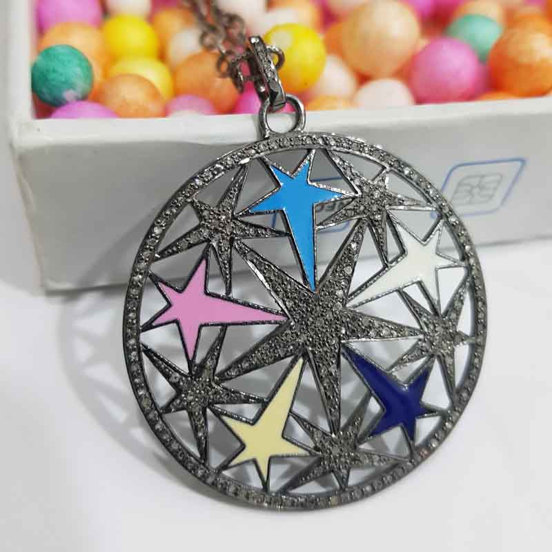 Colorful Enamel Stars In A Round Shape Pave Diamond Designer Beautiful Pendant