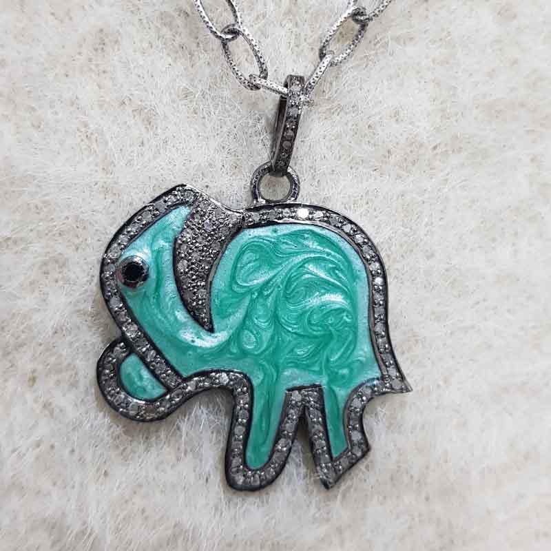 Elephant Pendent With Green and White Enamel And Pave Layers