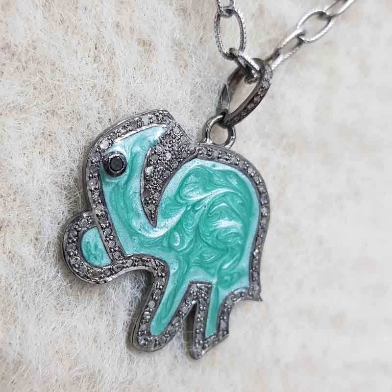 Elephant Pendent With Green and White Enamel And Pave Layers