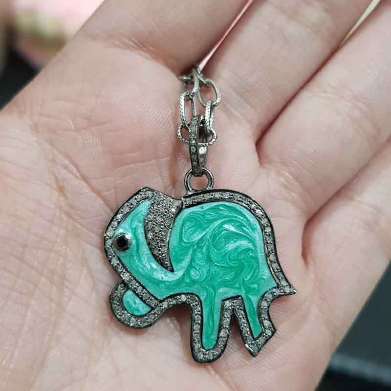 Elephant Pendent With Green and White Enamel And Pave Layers