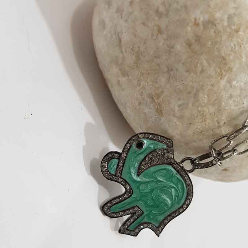 Elephant Pendent With Green and White Enamel And Pave Layers