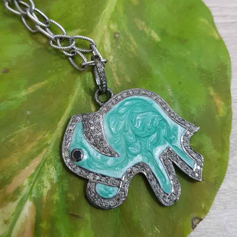 Elephant Pendent With Green and White Enamel And Pave Layers