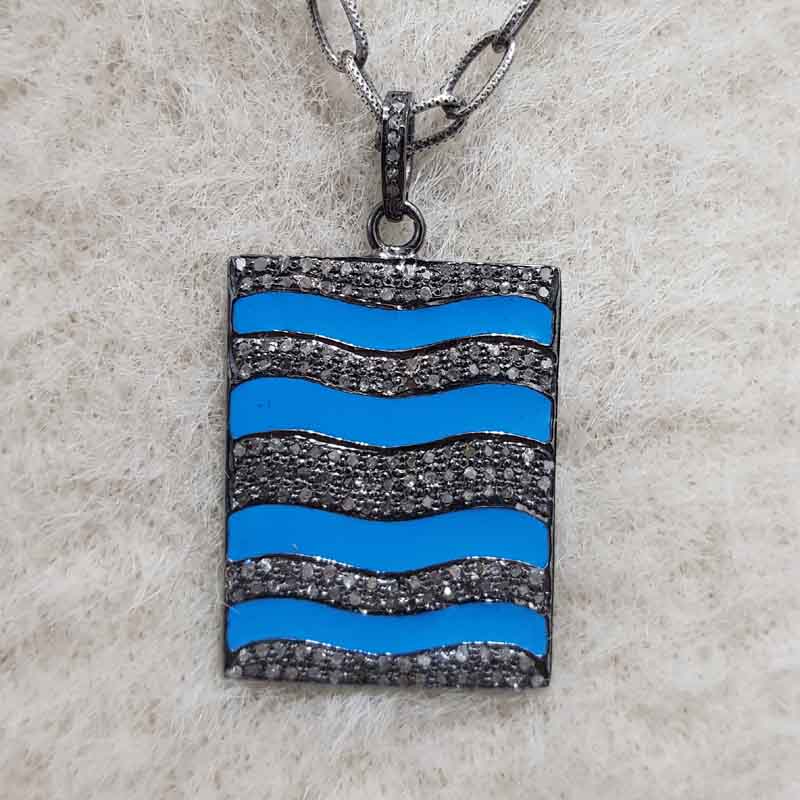 Turquoise Enamel Pave Diamond Fancy Designer Tag Pendant