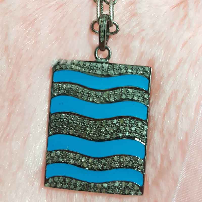 Turquoise Enamel Pave Diamond Fancy Designer Tag Pendant