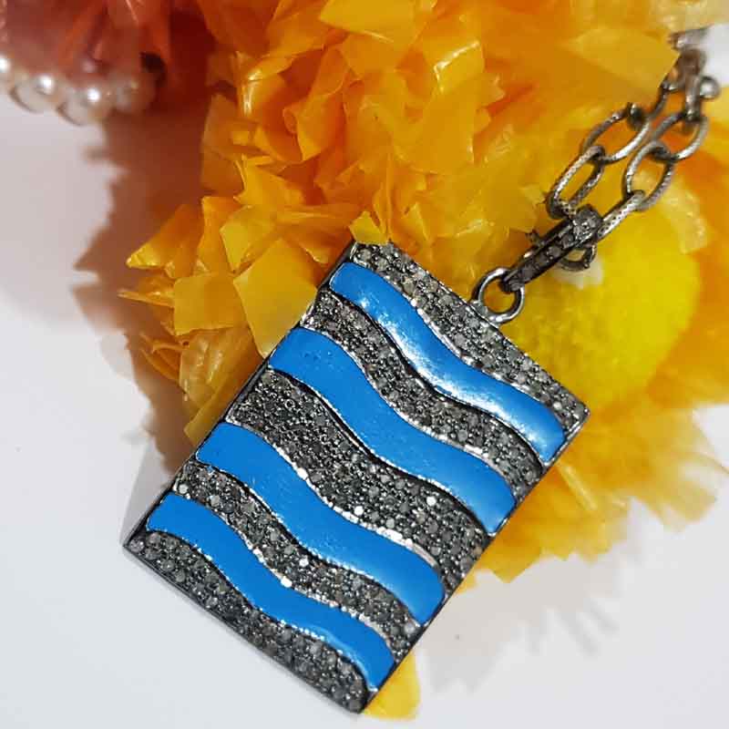 Turquoise Enamel Pave Diamond Fancy Designer Tag Pendant