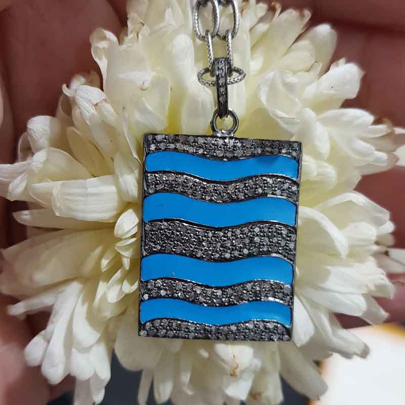 Turquoise Enamel Pave Diamond Fancy Designer Tag Pendant