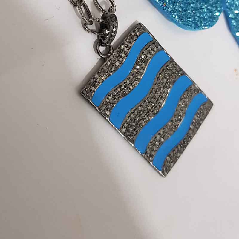 Turquoise Enamel Pave Diamond Fancy Designer Tag Pendant