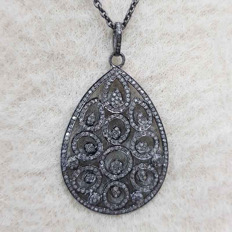 Antique Finish Designer Tear Drop Pave Diamond Pendent