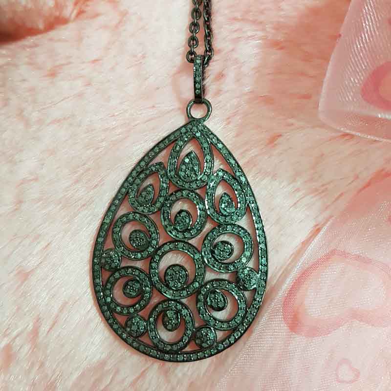 Antique Finish Designer Tear Drop Pave Diamond Pendent