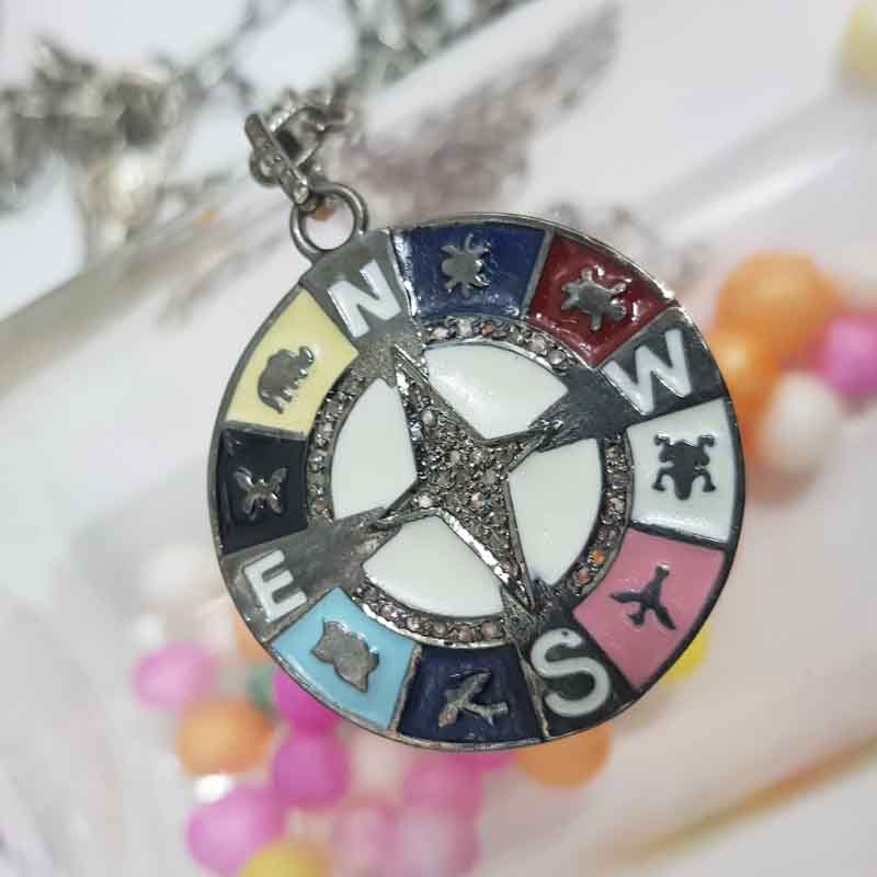 Direction Based Pave Diamond Round Disk Multi Charm With Enamel Pendent