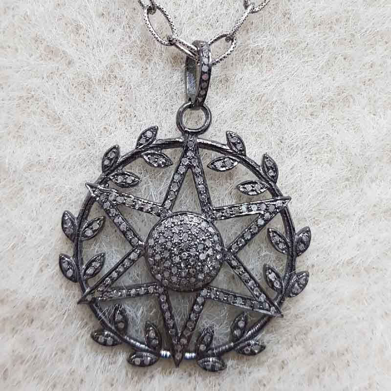 Round Star With Joined Leaf Pave Diamond Beautiful Designer Pendant