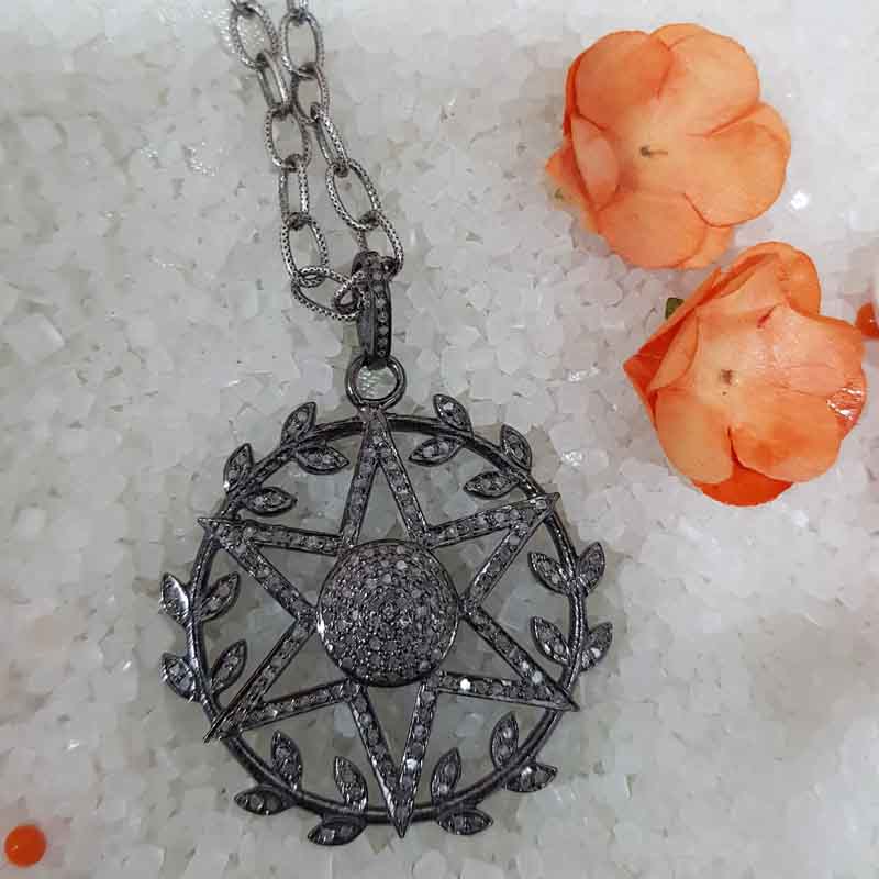 Round Star With Joined Leaf Pave Diamond Beautiful Designer Pendant