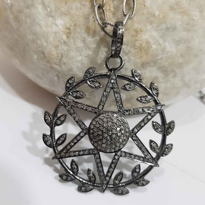 Round Star With Joined Leaf Pave Diamond Beautiful Designer Pendant