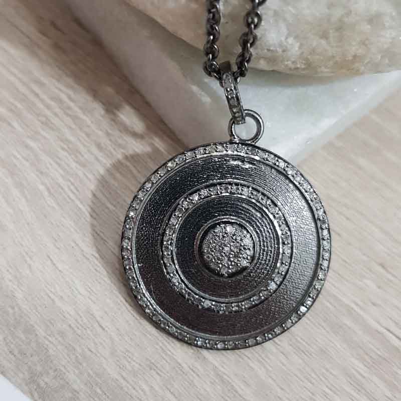 3 Circle Of Pave Diamond Layers Round Disk Pendent