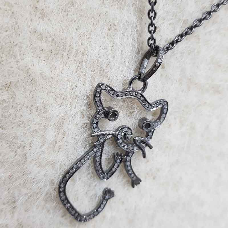 Beautiful Black Cat Designed Pave Diamond Pendent