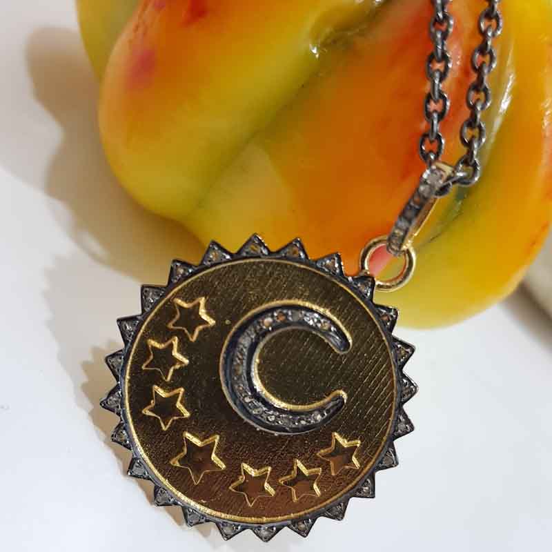 Pave Moon With Stars Round Sunburst Disk Pendent