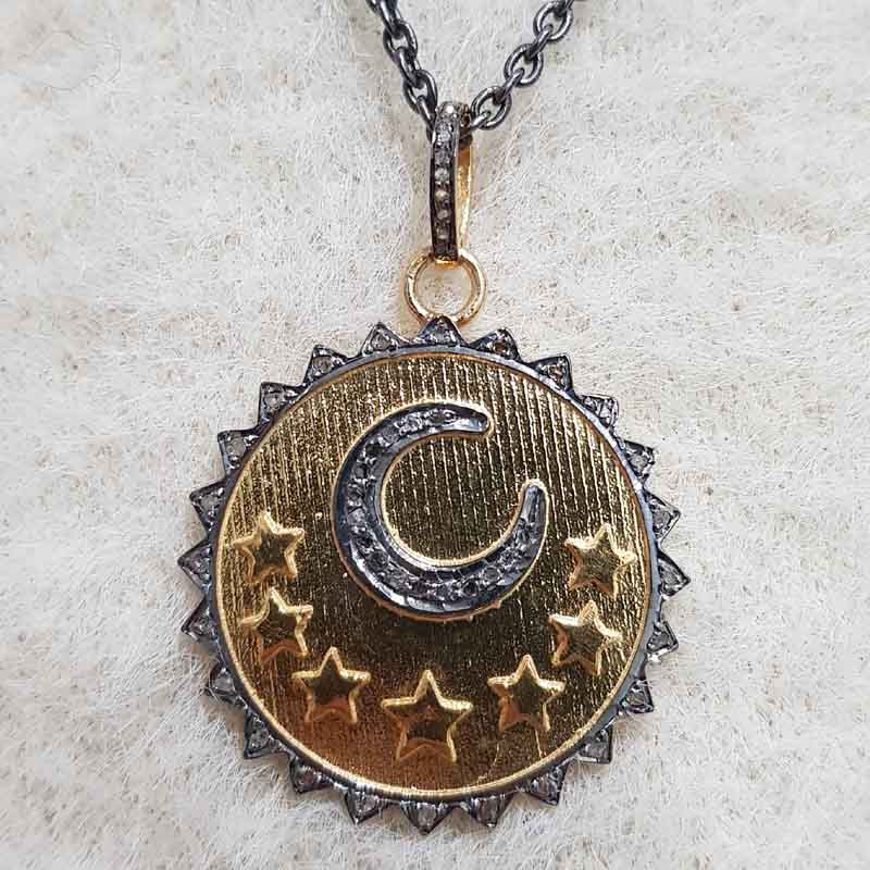 Pave Moon With Stars Round Sunburst Disk Pendent