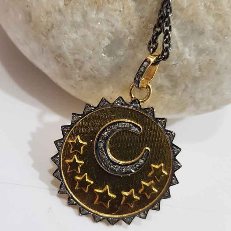 Pave Moon With Stars Round Sunburst Disk Pendent