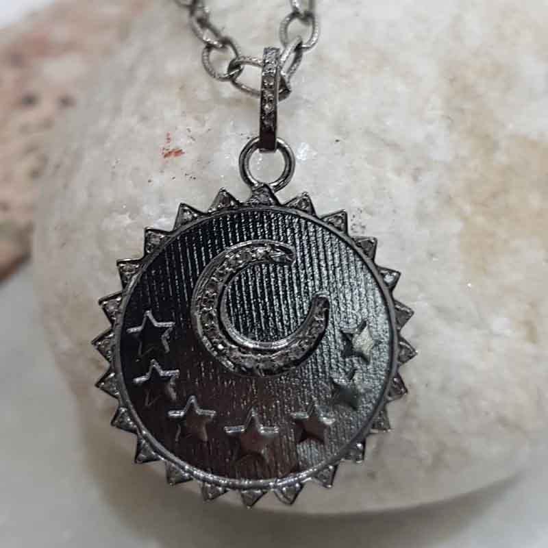 Pave Moon With Stars Round Sunburst Disk Pendent