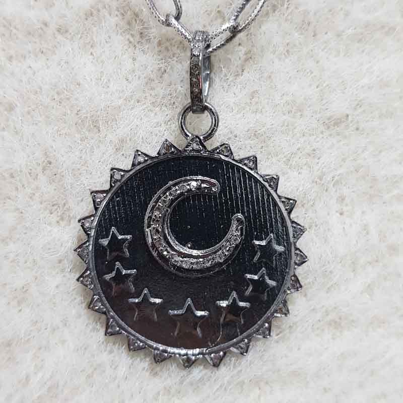 Pave Moon With Stars Round Sunburst Disk Pendent