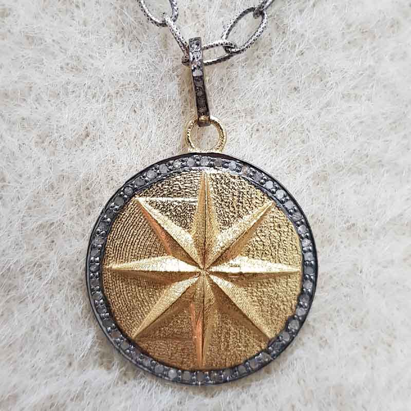 Yellow And Black Rhodium Plated Round Disk Starburst Pendent