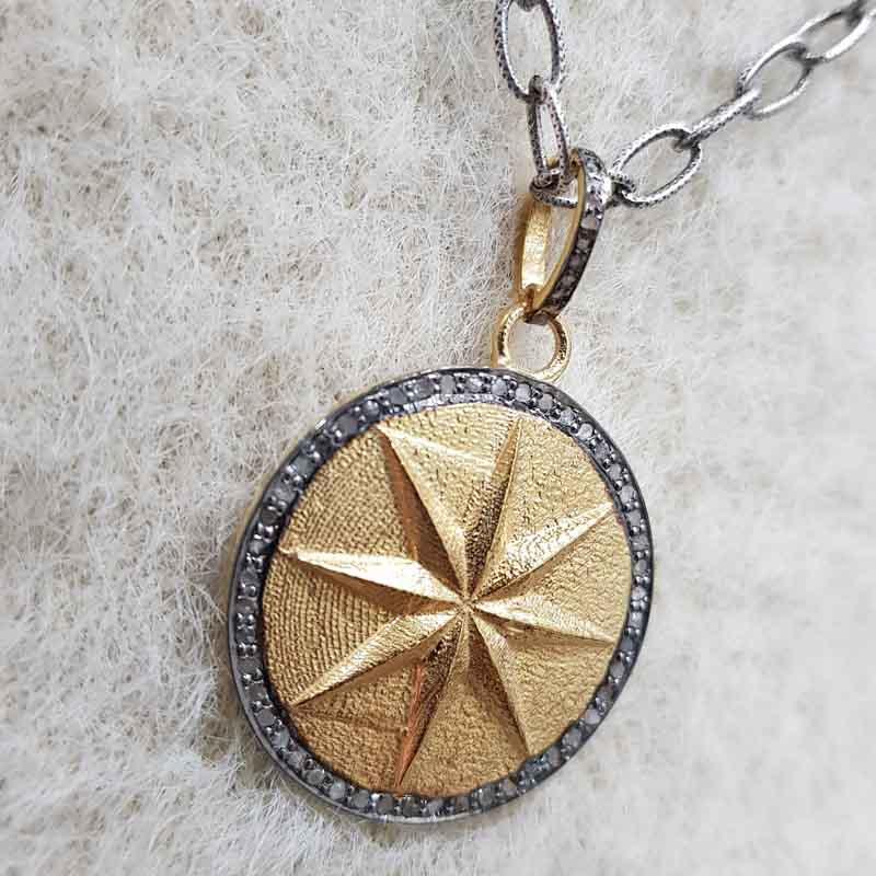 Yellow And Black Rhodium Plated Round Disk Starburst Pendent