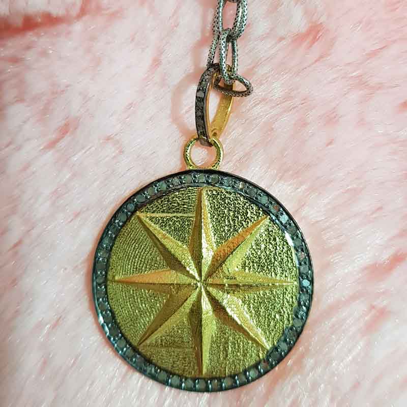 Yellow And Black Rhodium Plated Round Disk Starburst Pendent