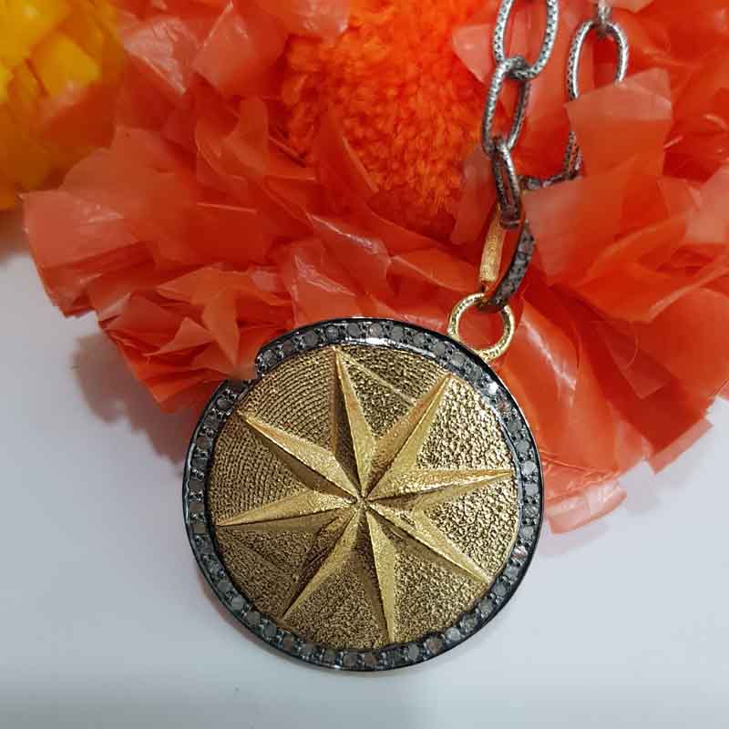 Yellow And Black Rhodium Plated Round Disk Starburst Pendent