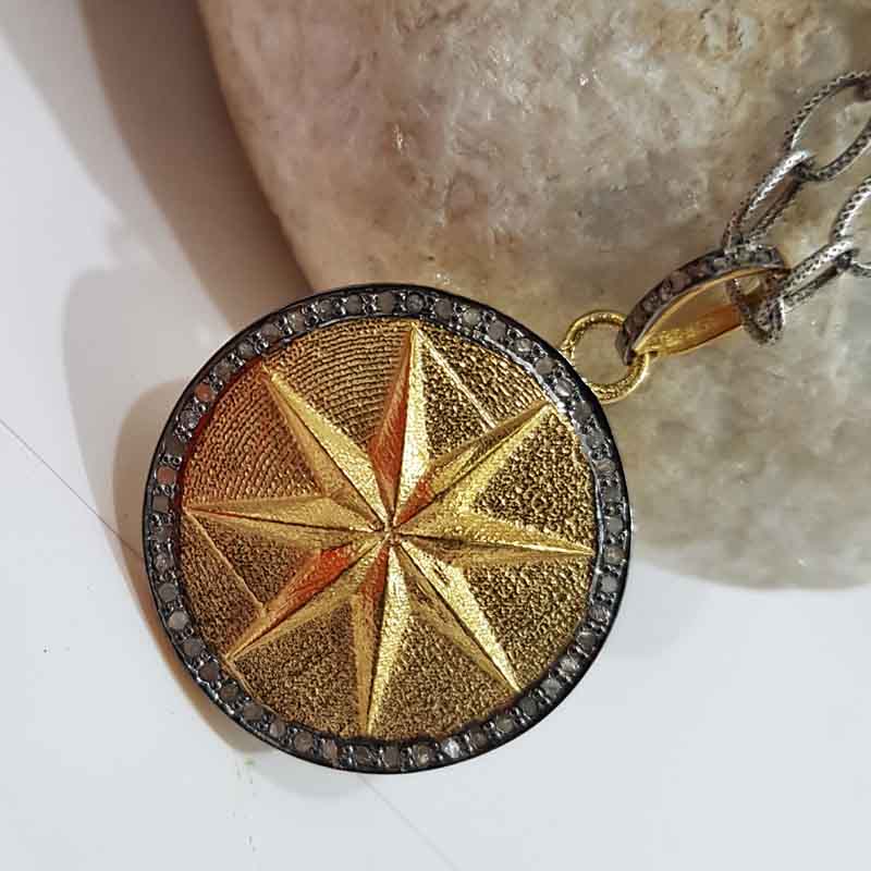 Yellow And Black Rhodium Plated Round Disk Starburst Pendent