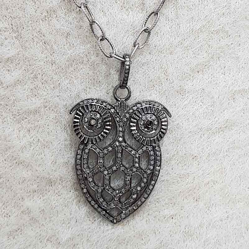 Black Stylish Owl Pave Diamond Handmade Designer Pendent