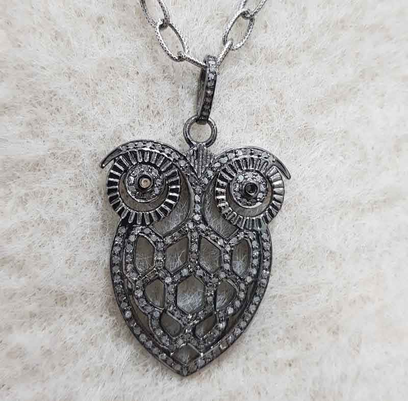 Black Stylish Owl Pave Diamond Handmade Designer Pendent