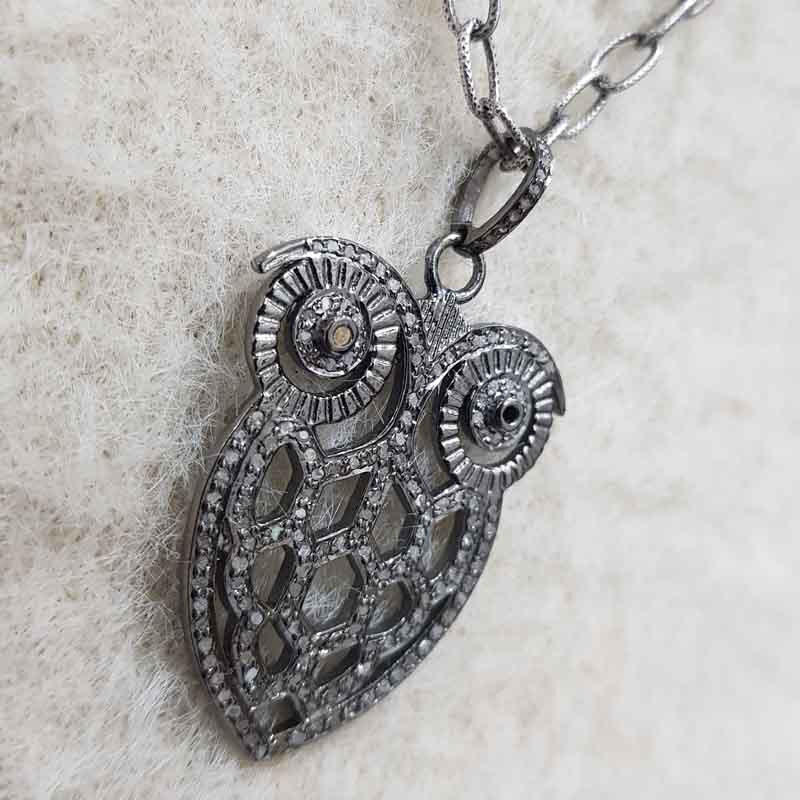 Black Stylish Owl Pave Diamond Handmade Designer Pendent