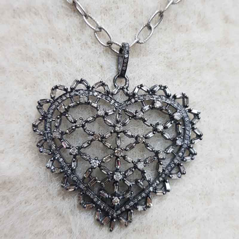 Baguette Stone And Pave Diamond Handmade Designer Heart Pendent