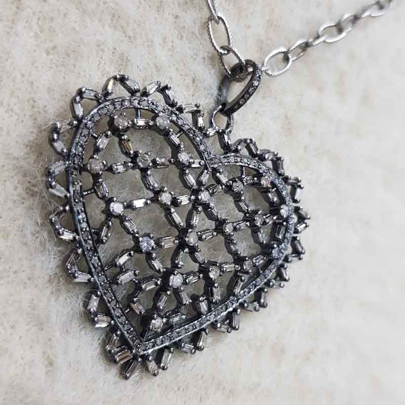 Baguette Stone And Pave Diamond Handmade Designer Heart Pendent