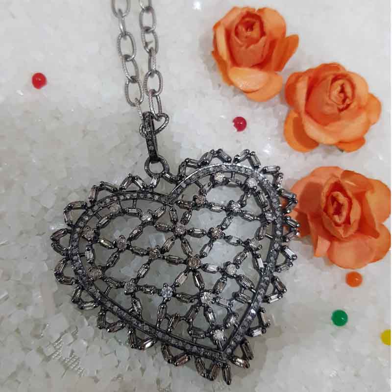 Baguette Stone And Pave Diamond Handmade Designer Heart Pendent