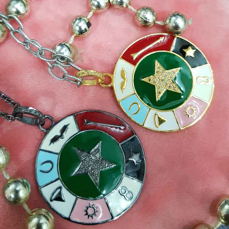 Multi Charms With Enamel Round Disk And Pave Star Pendent