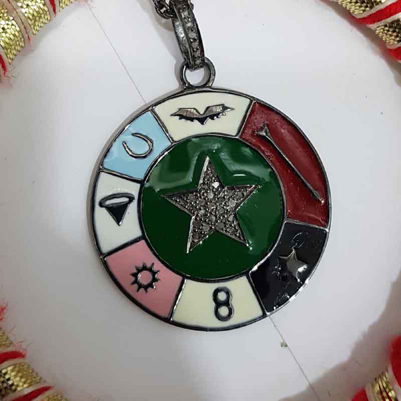 Multi Charms With Enamel Round Disk And Pave Star Pendent