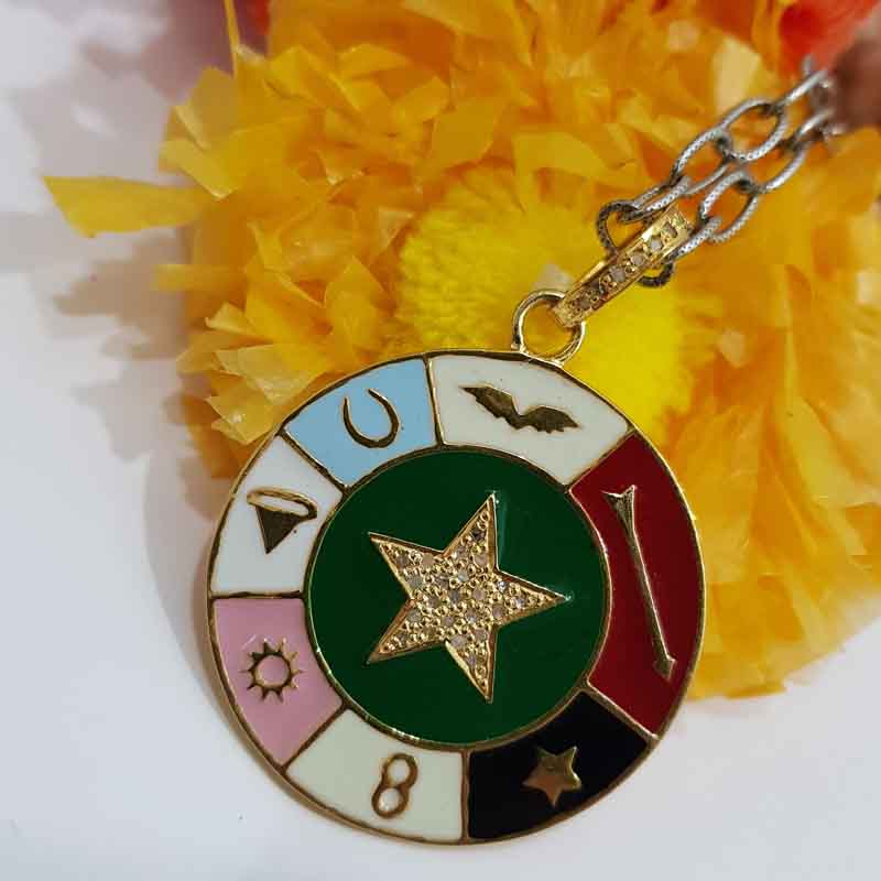 Multi Charms With Enamel Round Disk And Pave Star Pendent