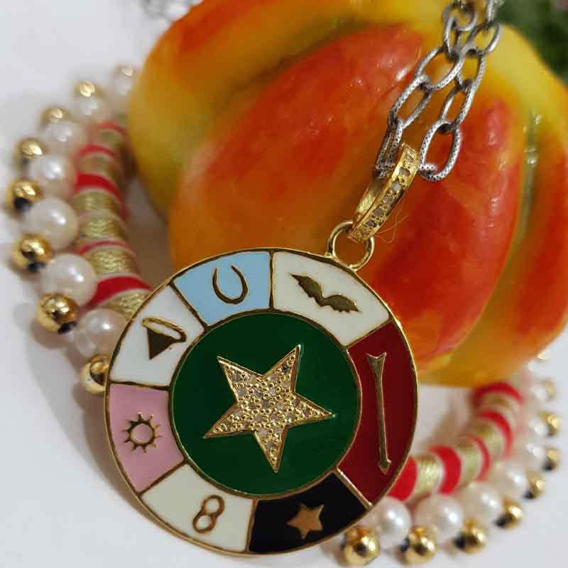 Multi Charms With Enamel Round Disk And Pave Star Pendent