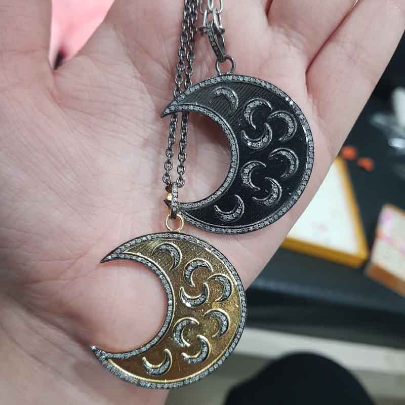 Moon With Multi Moon pendent With Pave Diamond Layers