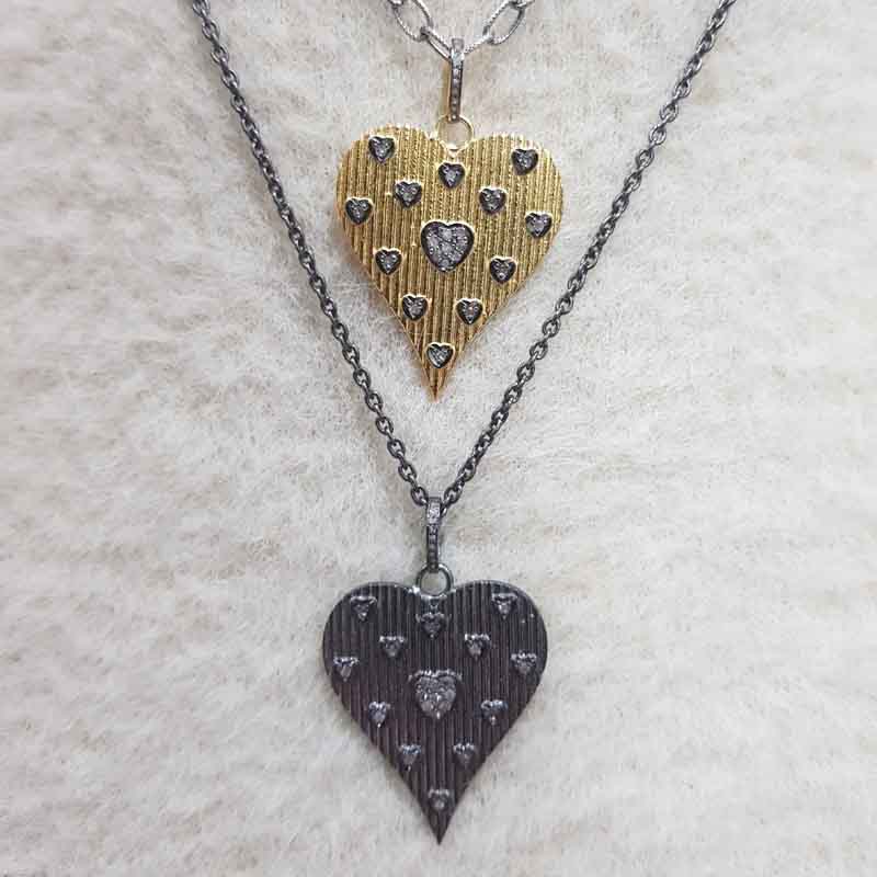 Yellow And Black Beautiful Designer Heart With Little Pave Hearts Pendent