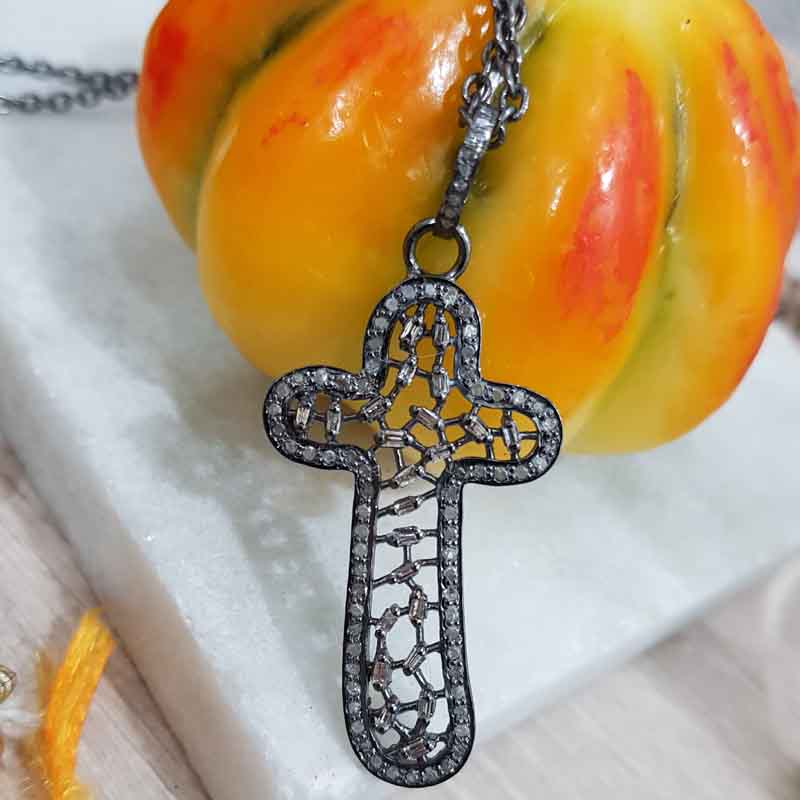 Natural Baguette Stone And Pave Diamond Handmade Designer Cross Pendent