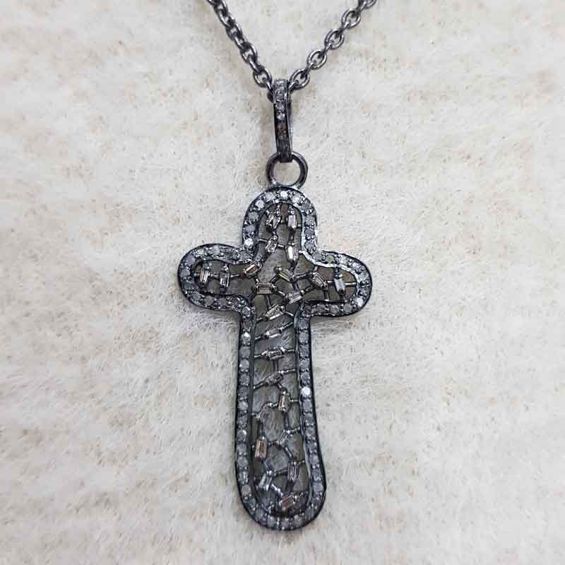 Natural Baguette Stone And Pave Diamond Handmade Designer Cross Pendent