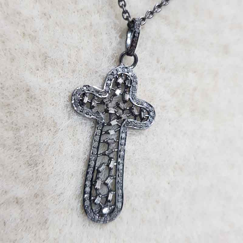 Natural Baguette Stone And Pave Diamond Handmade Designer Cross Pendent