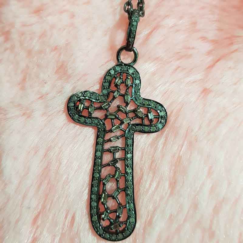 Natural Baguette Stone And Pave Diamond Handmade Designer Cross Pendent