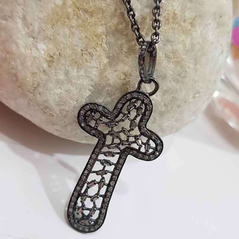 Natural Baguette Stone And Pave Diamond Handmade Designer Cross Pendent