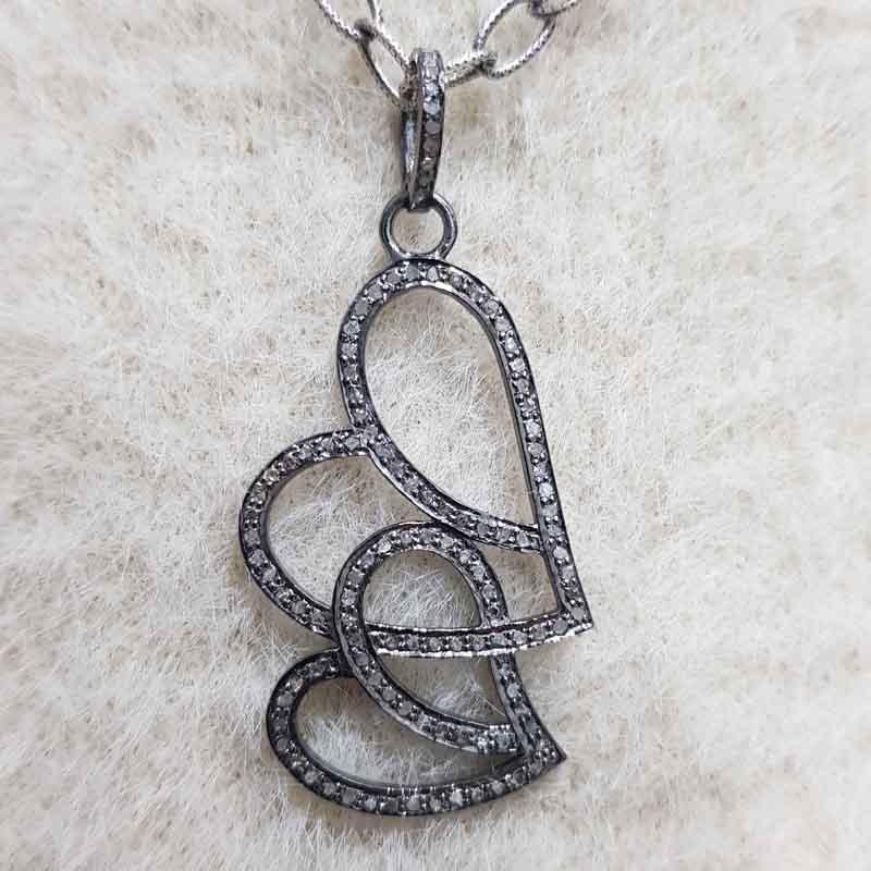 Joined Heart Designer Pave Diamond Silver Pendent